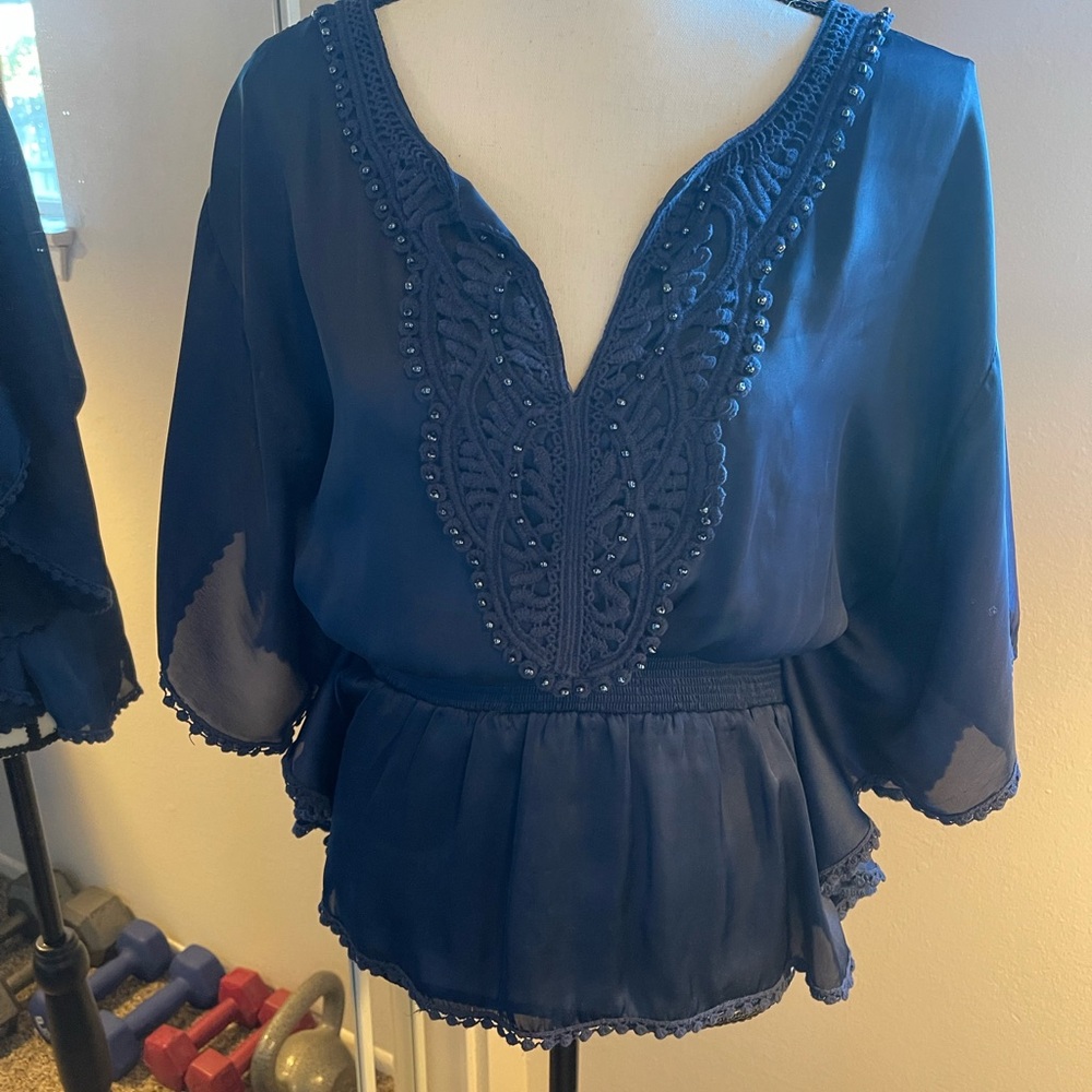 Forever 21 Navy Embroidered Peasant Blouse